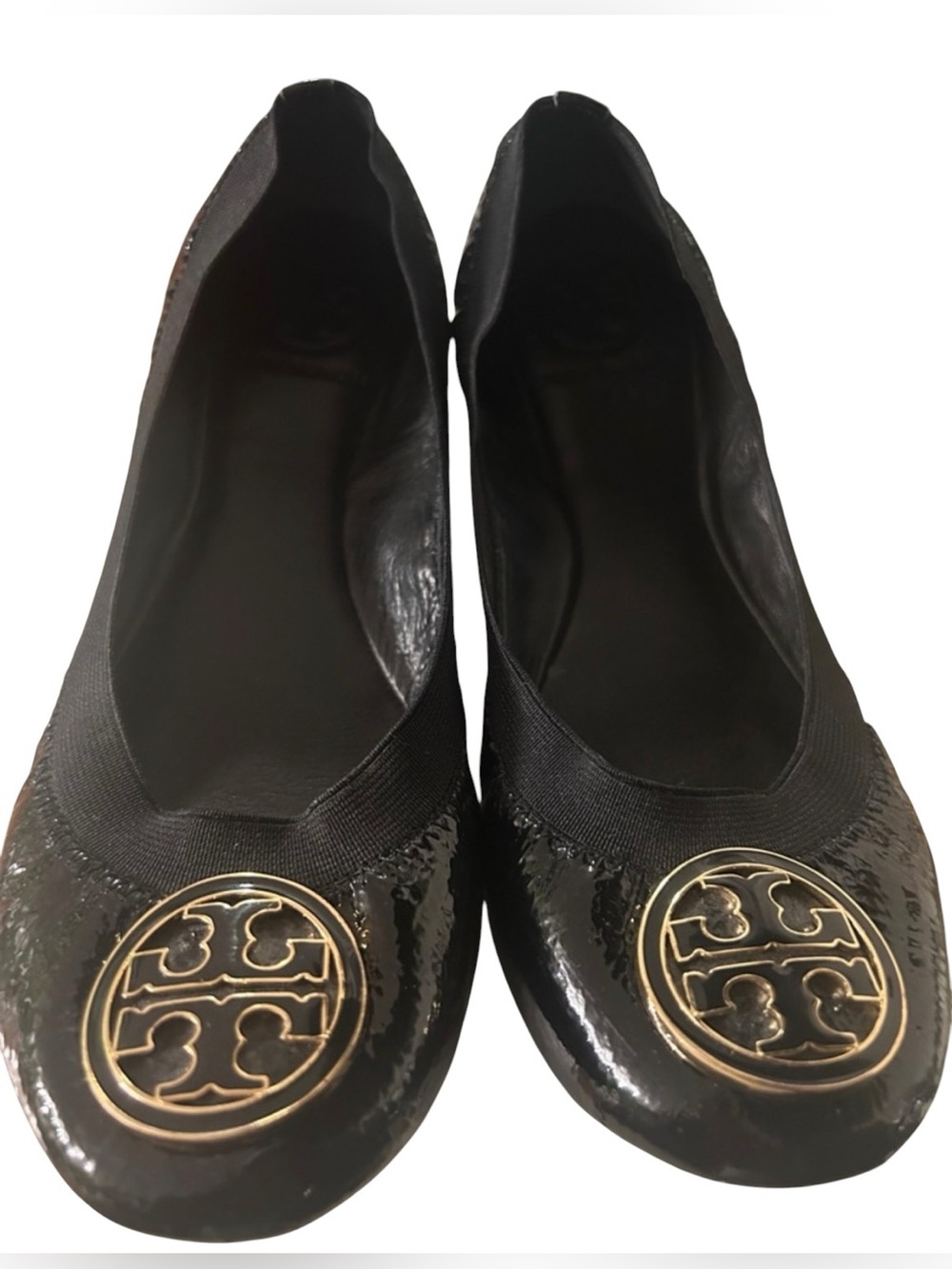 Tory Burch Black Patent Leather Logo Round-Toe Ballet Flats